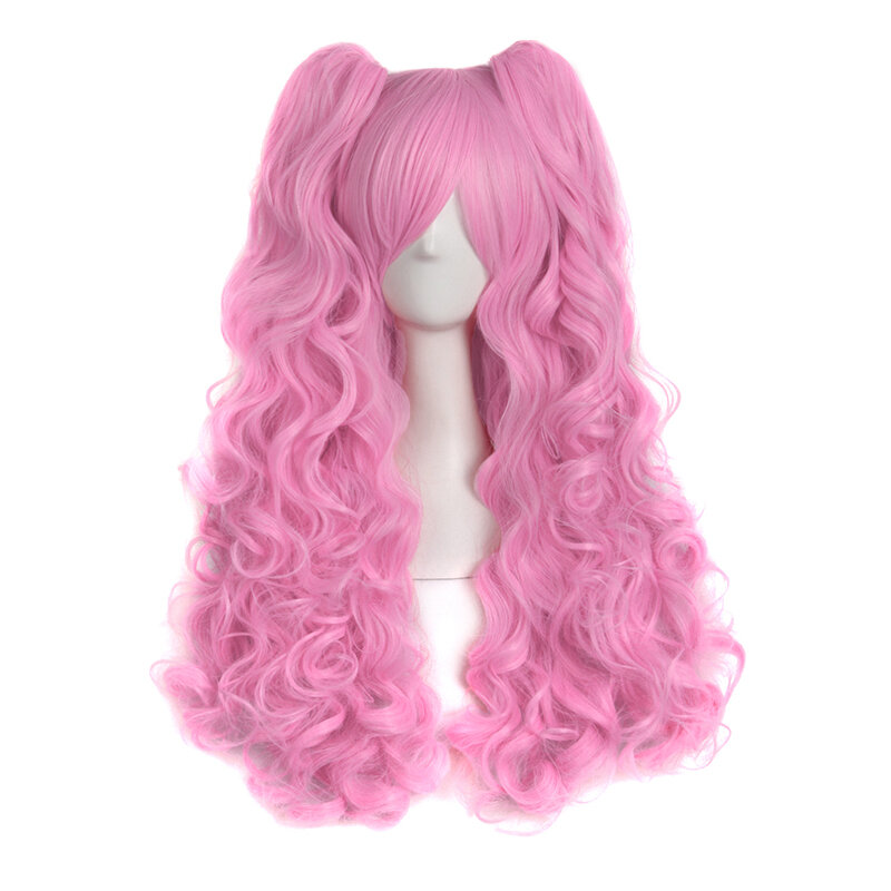 Peruca longa encaracolada Lolita feminina, aperto de anime, peruca de cabeça cheia, onda grande, rosa claro, rabo de cavalo duplo