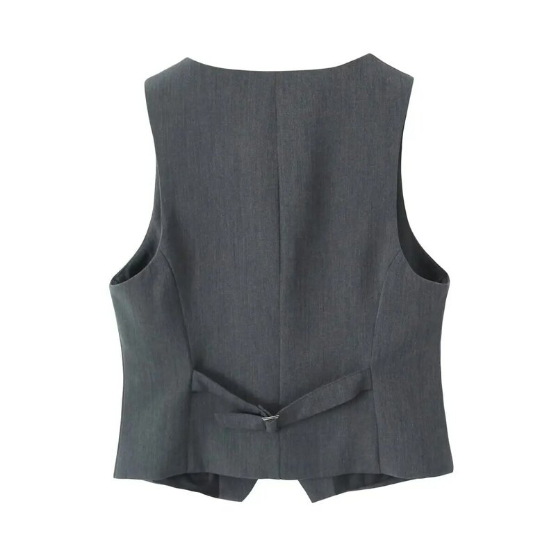 Women 2023 New Fashion Back buckle decoration Cropped Casual Vest Vintage Sleeveless V Neck Button-up Female Waistcoat Chic Tops