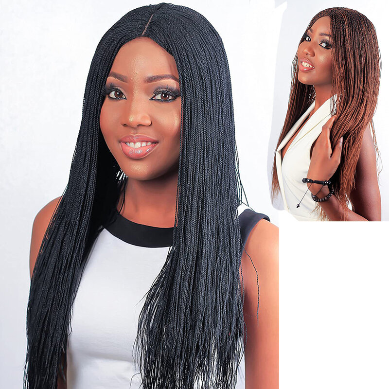 Long Black Afro Braided Wig Micro Twist Braids Synthetic Hair Wigs Daily Wear Twist Wigs