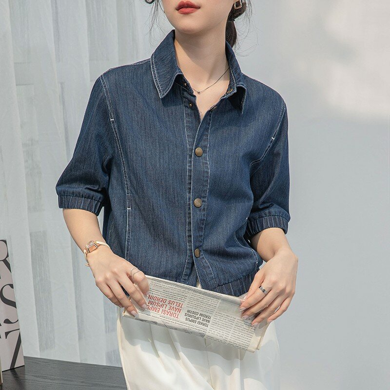 Women Casual Denim Shirt New Arrival 2024 Summer Korean Style Turn-down Collar Loose Female Half Sleeve Tops Shirts W1758