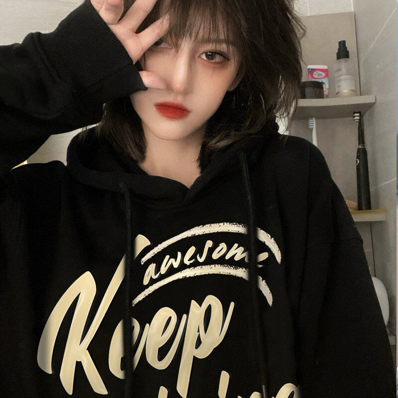 American style high street hiphop sweaters for women in autumn and winter, plush and thick insets, lazy bf style, oversize, and