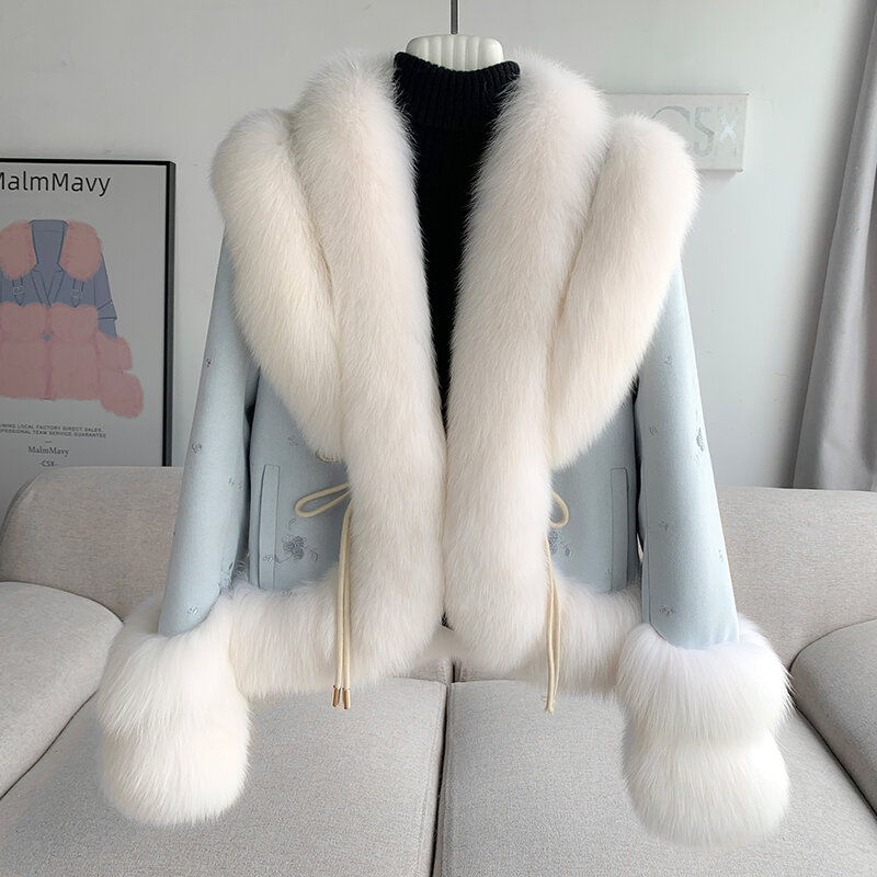 Aorice-chaqueta con cuello grande de piel de zorro Real para mujer, abrigo de invierno, forro de plumón de pato, abrigo de flores, diseño suave, CT322