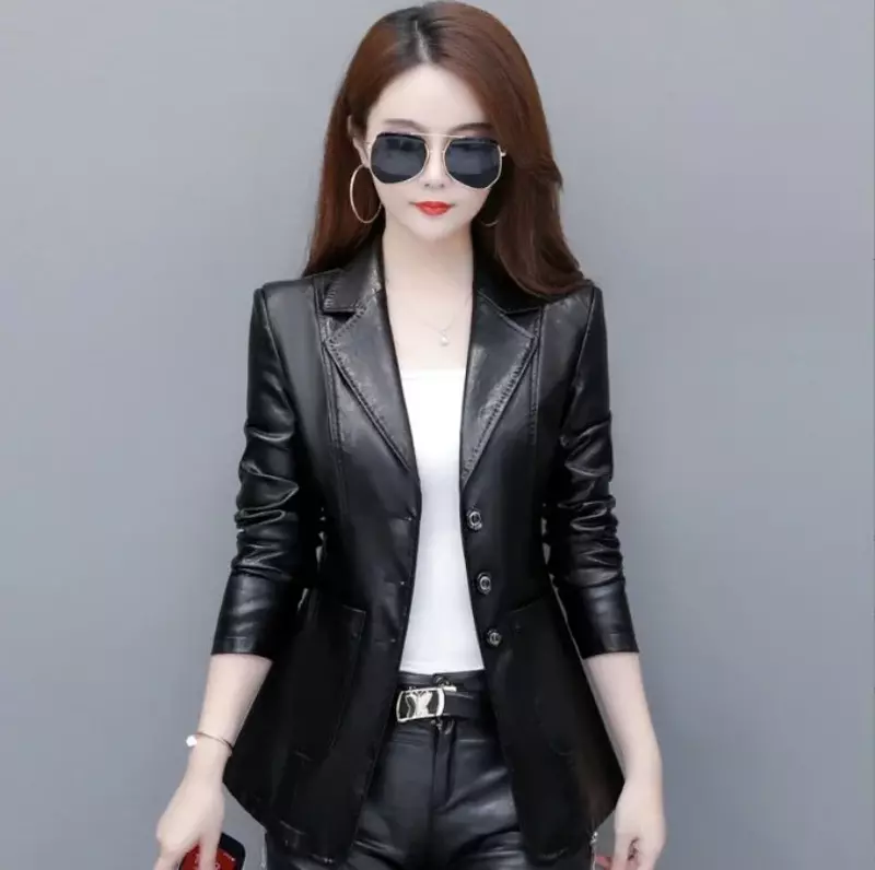 New Women Leather Blazer Spring Autumn Fashion Classic Suit Collar Slim Waist Small Sheepskin Jacket Split Leather Short Coat