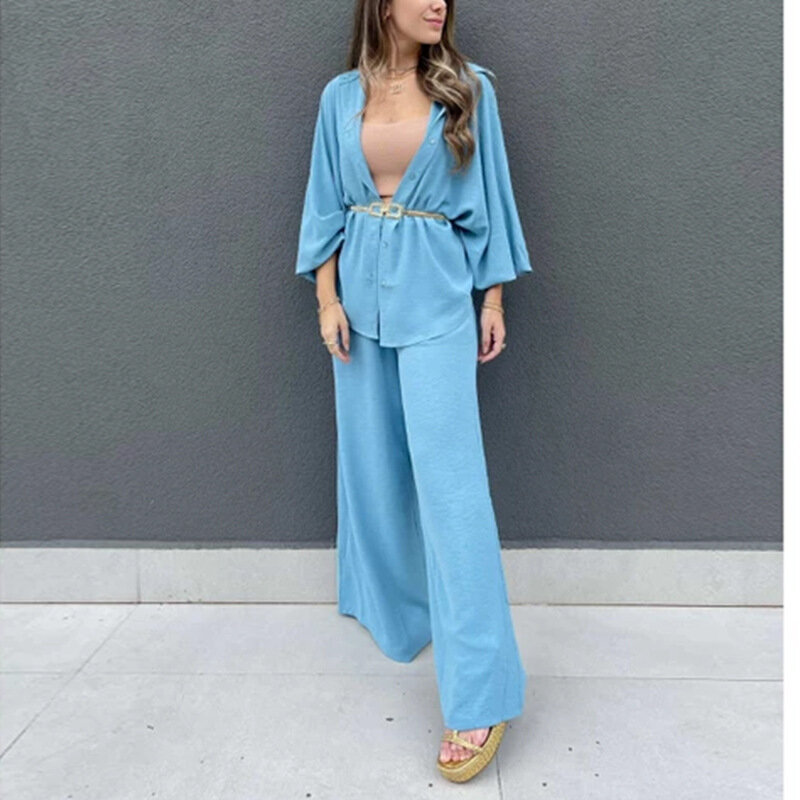 Solid 2 Piece Sets Womens Outfits Lantern Sleeve Shirt and High-waisted Wide Leg Pants Elegant Plus Size Woman Clothes Outfits