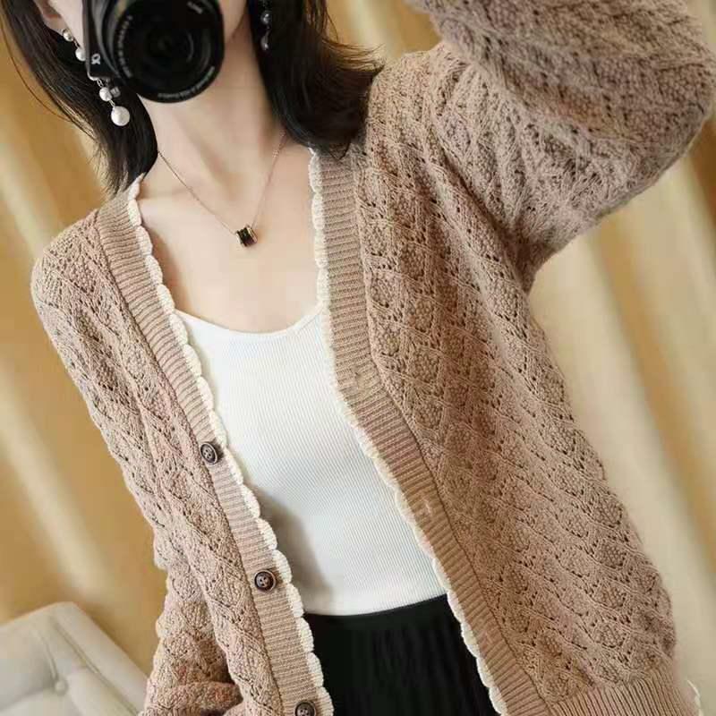 2024 Spring and Summer New All-match Knitted Cardigan Jacket Thin Hollow Loose plus size Stylish Solid Color Women