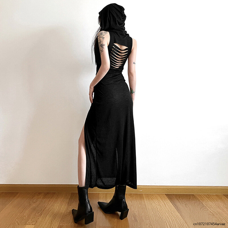Seksowna sukienka z kapturem bez rękawów bez rękawów z rozcięciem na ramionach bez pleców 2024 letnia moda jednolity kolor, długi Bodycon Party Street