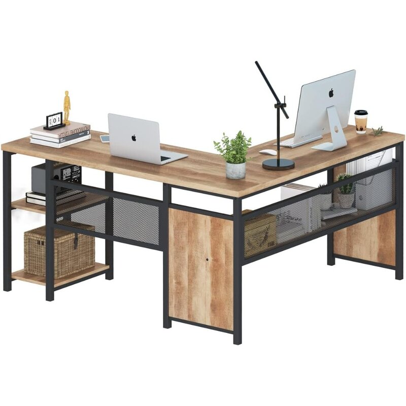 Bureau d'ordinateur en forme de L, bureau industriel avec étagères, bureau d'angle réversible en bois et métal pour le bureau à domicile