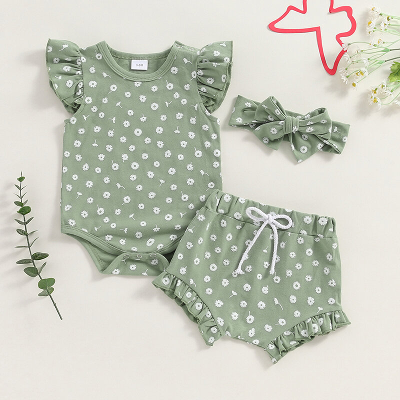 2024-04-03 Lioraitiin niemowlęta strój na lato kombinezon z rękawem w muchy + szorty z marszczeniem + zestaw opasek nadruk stokrotka ubrania