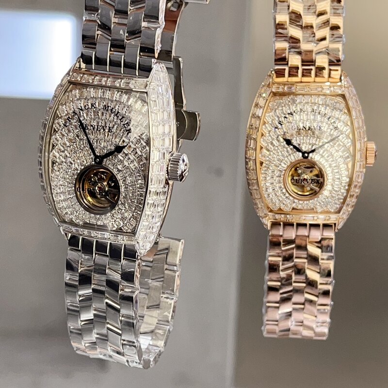 Zegarek damski FRANCK MULLER luksusowy zegarek z pełnym kwadratowym diamentem w nowym stylu w pełni mechanizm automatyczny zegarek mechaniczny dla mężczyzn.