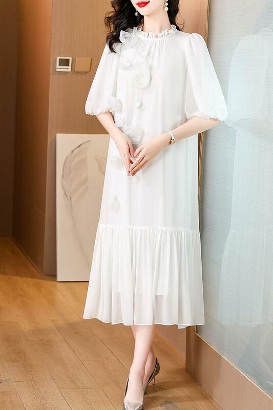 Vestido feminino floral branco de renda midi, elegante vestido maxi solto, vestido vintage chique de festa, verão, luxo, coreano, 2024