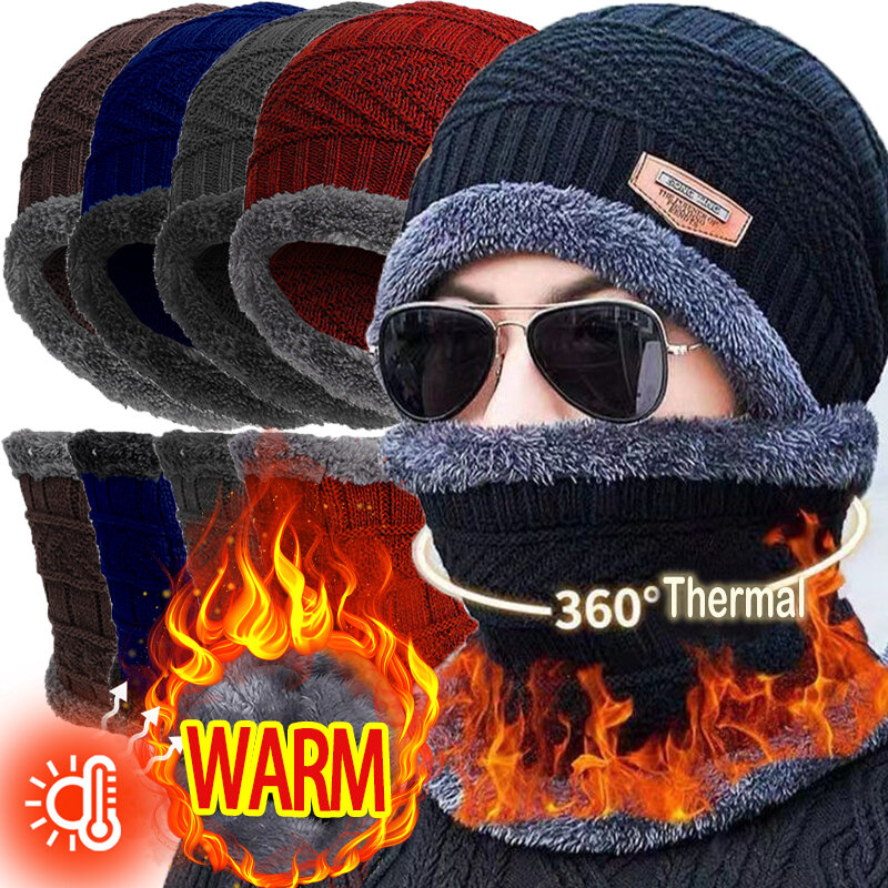Winter Warm Gebreide Muts Sjaal Set Mannen Fluwelen Koraal Fleece Masker Cap Sjaals Buiten Dik Plus Nek Cover Protect Skullies Beanies