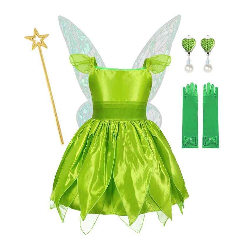 Disney Girls Tinker Bell Costume Kids Green Fairy Princess Tinkerbell Fancy Dress Birthday Party Gowns Halloween Cosplay Outfits