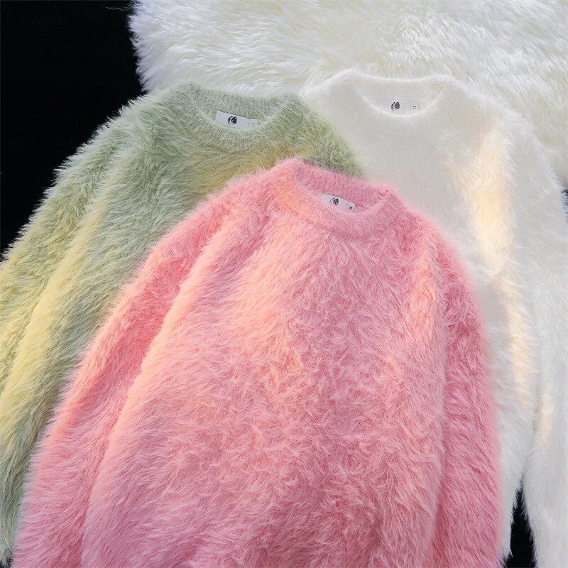 Suéter de malha preguiçoso estilo japonês, pulôver monocromático, gola redonda, blusa casual personalizada para reduzir a idade, 2024