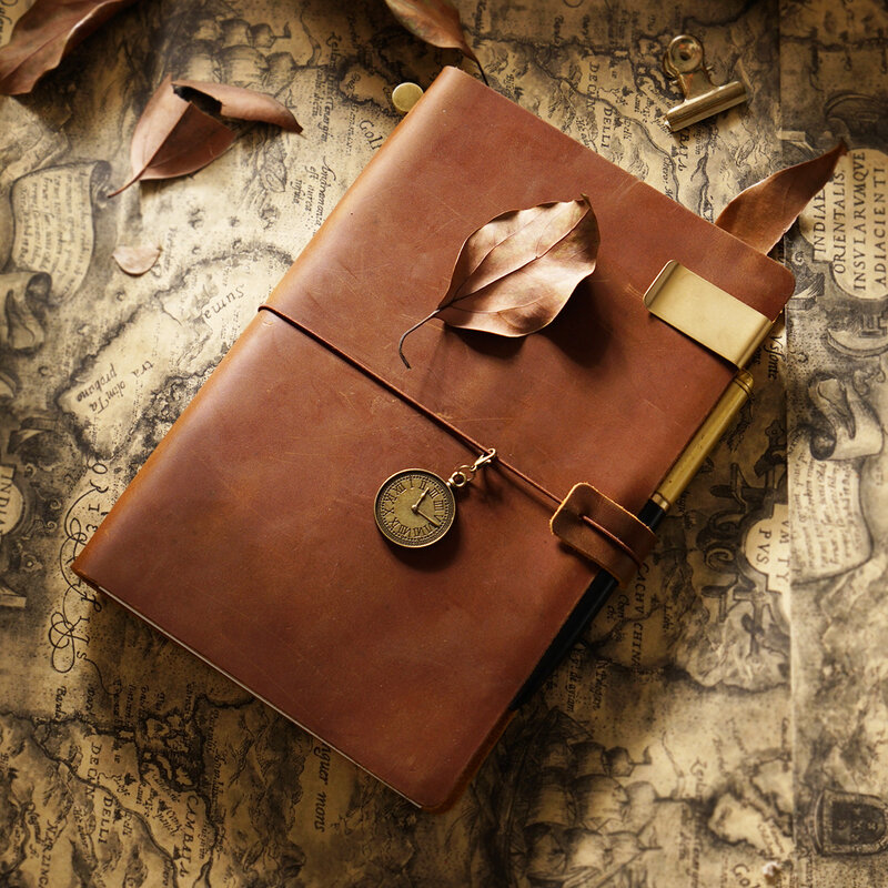 Caderno do curso do couro genuíno do vintage, diário do viajante, viagem viagem, Handmade couro Sketchbook, planejador, páginas internas substituíveis