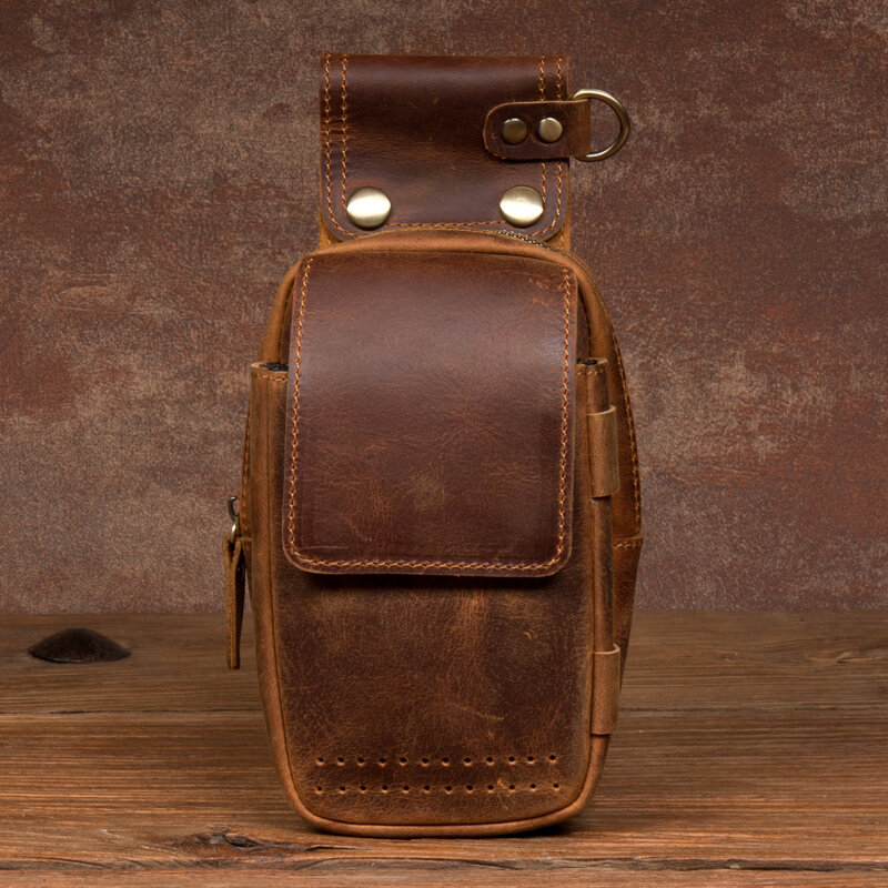 Mini sac de téléphone portable en cuir de cheval fou rétro pour hommes, couche Baotou, petites poches, sac de jambe