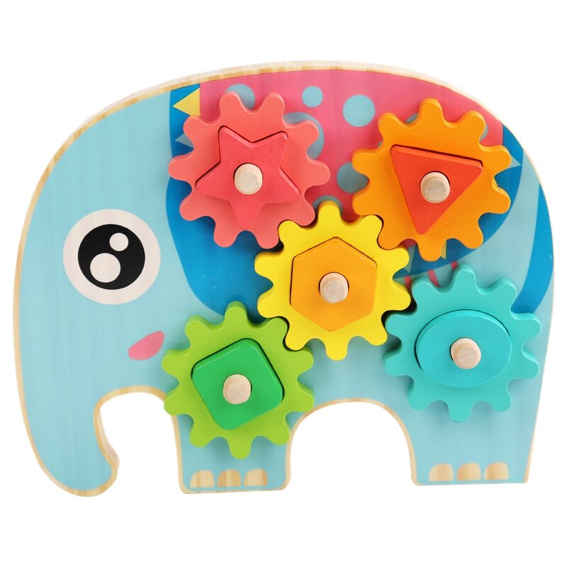 Mainan kayu gajah untuk balita, mainan kayu edukasi anak-anak dengan roda putar, belajar warna dan bentuk