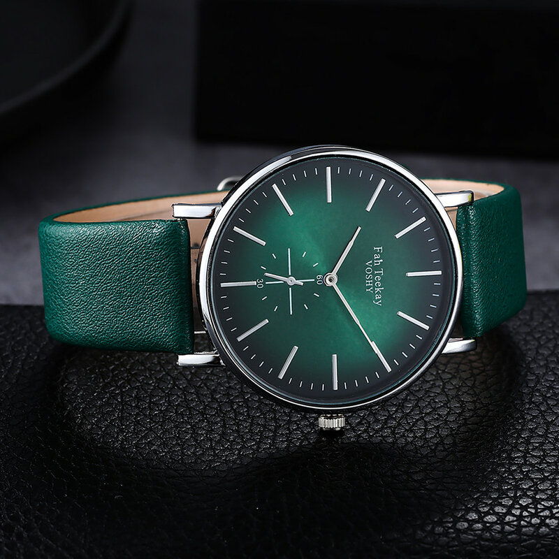 Reloj de pulsera de cuero para hombre y mujer, cronógrafo de cuarzo de aleación, color negro y verde, sencillo, informal, a la moda