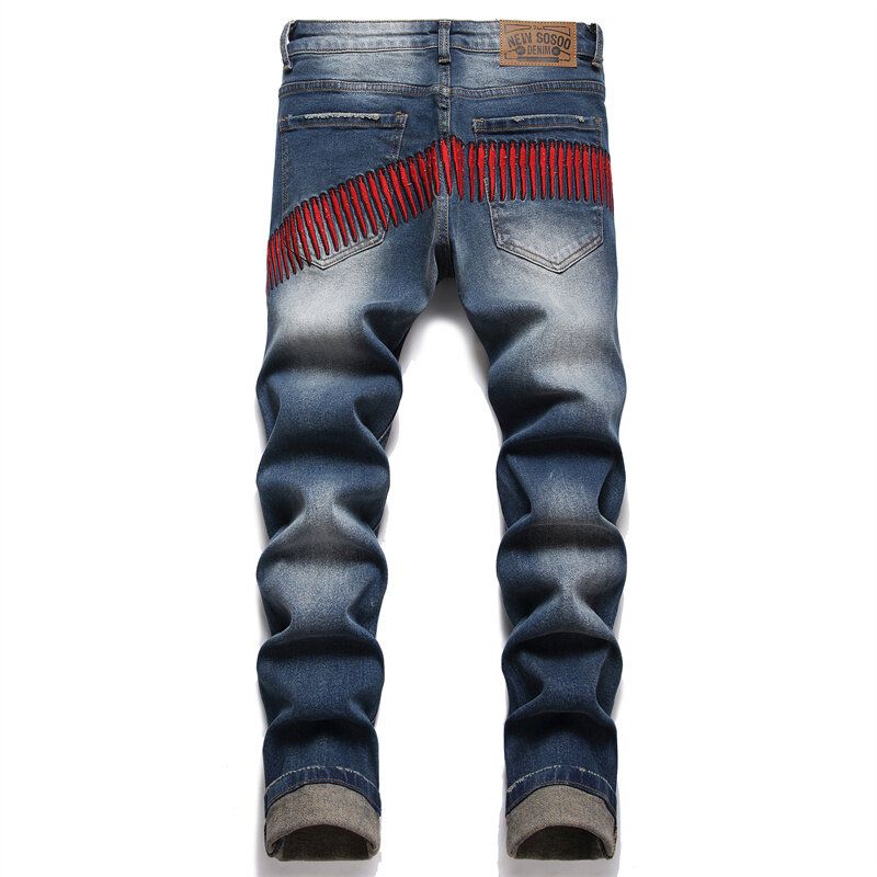 Jeansy w stylu Retro z postrzępionymi dżinsami męskie spersonalizowane haftowane modne moda uliczna marki Slim Fit sprane spodnie z wyższej półki