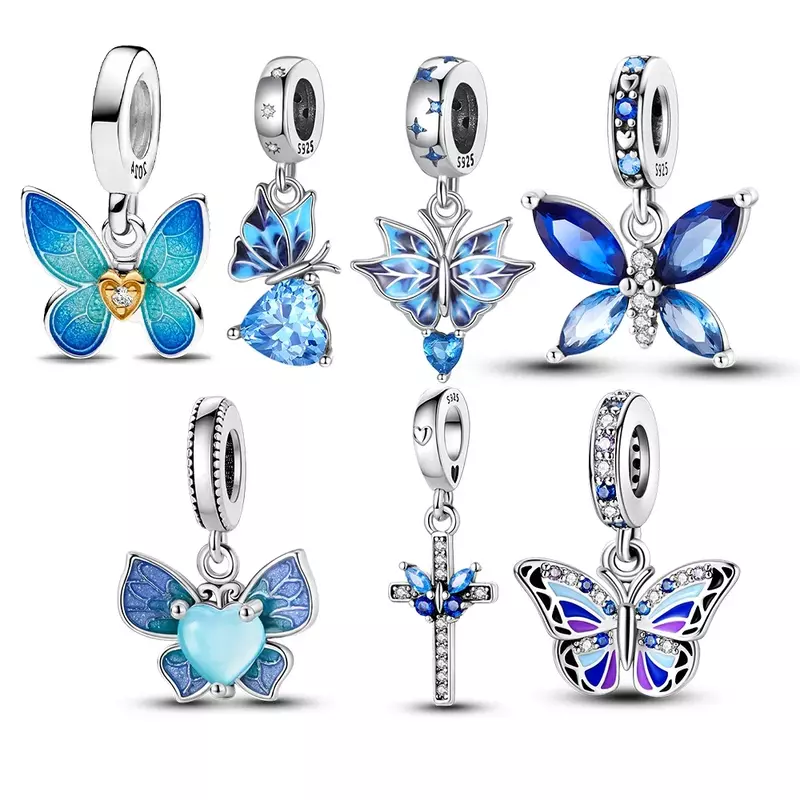 Breloque papillon bleu glace nickel é en argent regardé 925 pour femme, breloque pour bracelet Pandora original, bijoux perlés