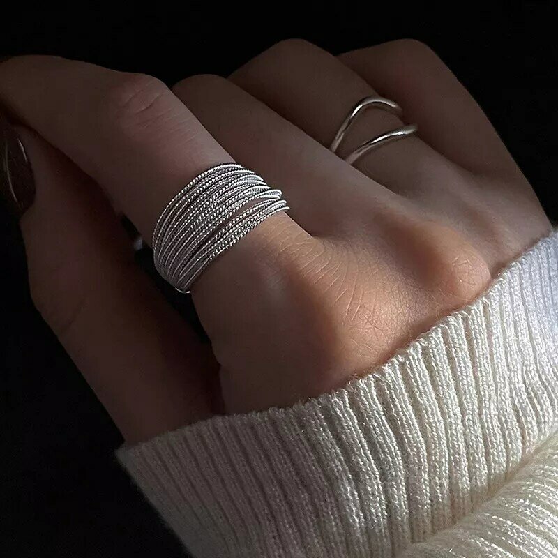 Anillo de Plata de Ley 925 con líneas únicas para mujer, joyería ajustable para dedo, anillo Vintage abierto para fiesta, regalo de cumpleaños