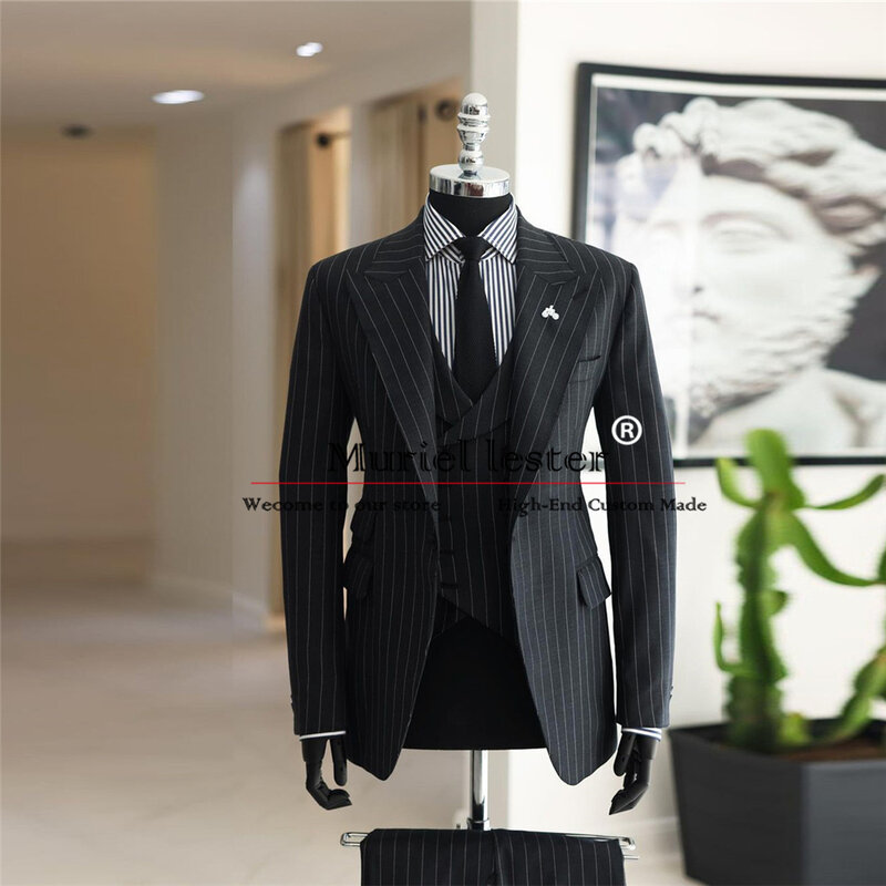 Classic Grey Stripe Suits Men Plus Size Man Banquet Evening Party Jacket Vest Trouser 3 Pieces Set Groom Wedding Tuxedos Elegant