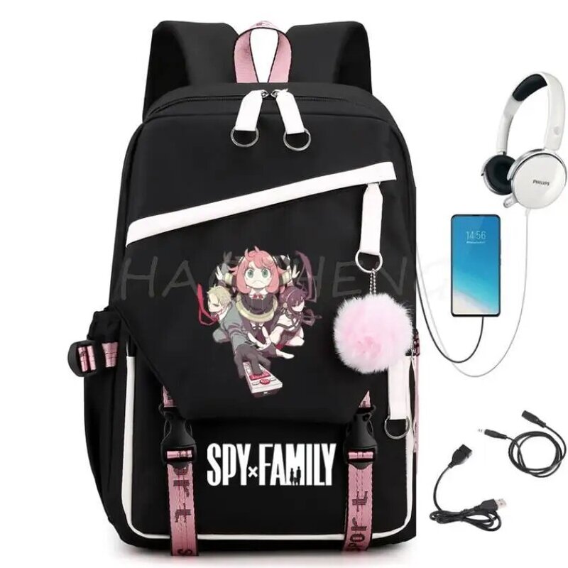 SPY X mochila familiar con carga USB para estudiantes, morral de lona de viaje rosa, Mochilas escolares para adolescentes, niños y niñas, Anya Forger