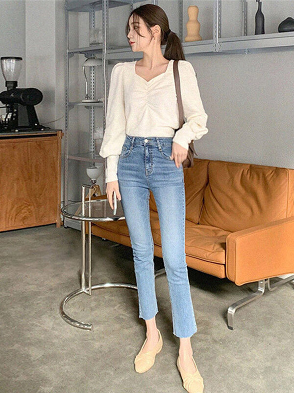 Washed High Waist Slant Pocket Solid Jeans Women Summer Zipper Fly Ankle Length Denim Pants Streetwear Straight Leg Jeans 2023