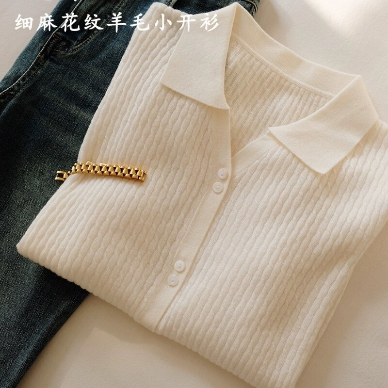 Cardigã monocromático de lã com colarinho polo, suéter de manga comprida, top elegante, básico macio, primavera e outono