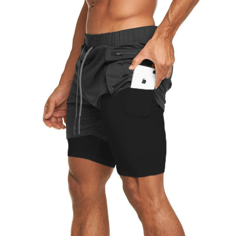 Мужские беговые шорты, летняя спортивная одежда, двухслойные короткие брюки 2 в 1, тренировочная одежда для тренировок, мужские спортивные шорты для тренажерного зала и фитнеса