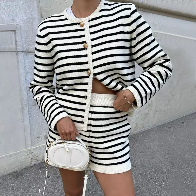 Fashion Knit Striped Shorts Sets for Women Long Sleeve Sweater Jacket and Slim Shorts Two Piece Sets Autumn Winter Casual Suits