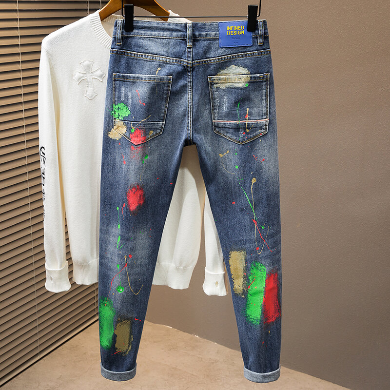 Graffiti Jeans Men's Hip Hop Spray Paint Fashion Pants Streetwear Personalized Ripped Stretch Slim Foot Denim Trousers