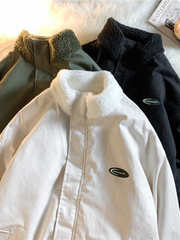 Двусторонняя одежда, утепленные пальто, парки для мужчин и женщин, зимняя Свободная куртка в гонконгском стиле с бархатной подкладкой из овечьей шерсти, топ-карго унисекс
