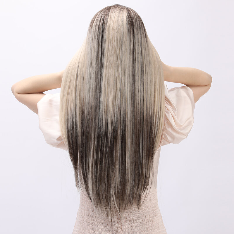 Wig sintetik rambut lurus abu-abu tua gradien gelombang keriting untuk wanita bagian tengah Wig wanita Cosplay pesta Wig tahan panas