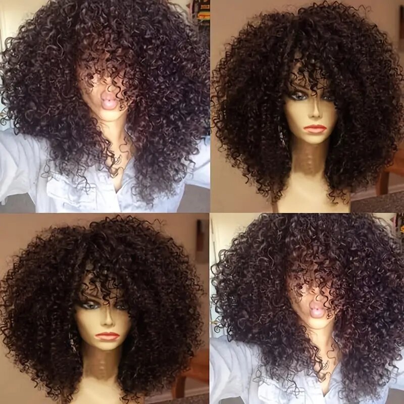16 Inch Afro Kinky Curly Hair Wigs With Bangs Soft Fluffy Synthetic Fiber None Lace Wigs For Party Cosplay Daily Use