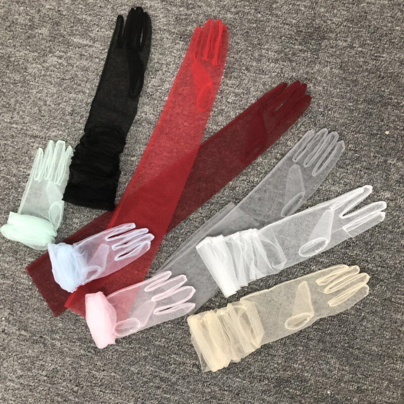 Women Long Sheer Tulle Gloves Transparent Thin Stretchy Full Finger Mittens Mesh Elbow Wedding Bride Glove Halloween Accessory