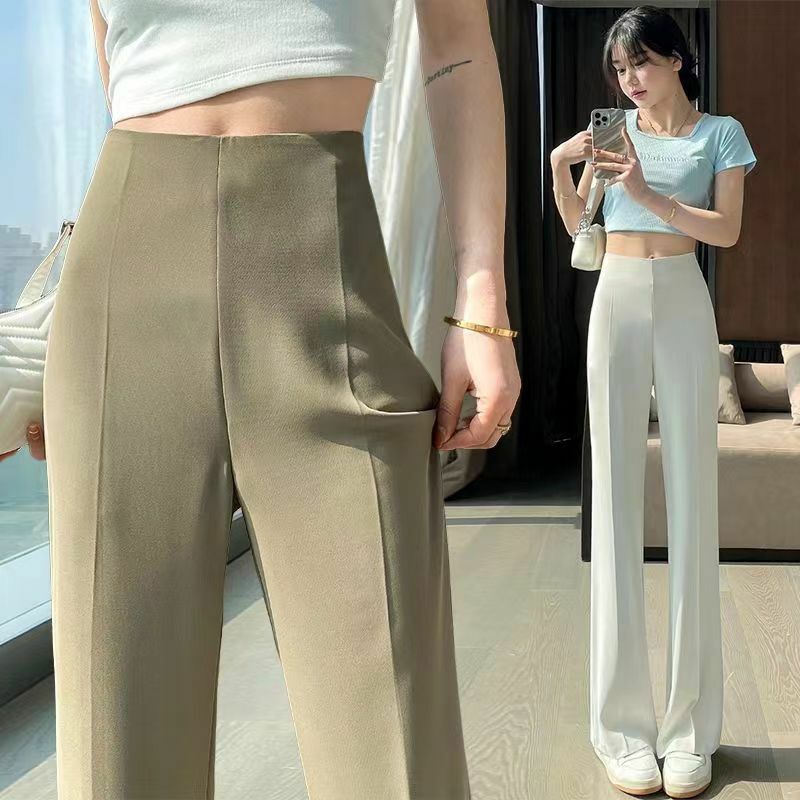 Celana Setelan Wanita Musim Panas 2023 Celana Panjang Lurus Seksi Wanita Sutra Es Hitam Cair Pinggang Tinggi Gaya Korea Fashion Elegan Kasual