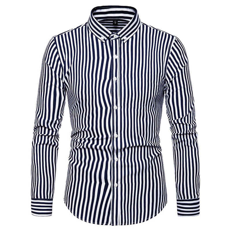 Camisa de negocios a rayas para hombre, camisa de manga larga con solapa de botón de un solo pecho, informal, Formal, a la moda