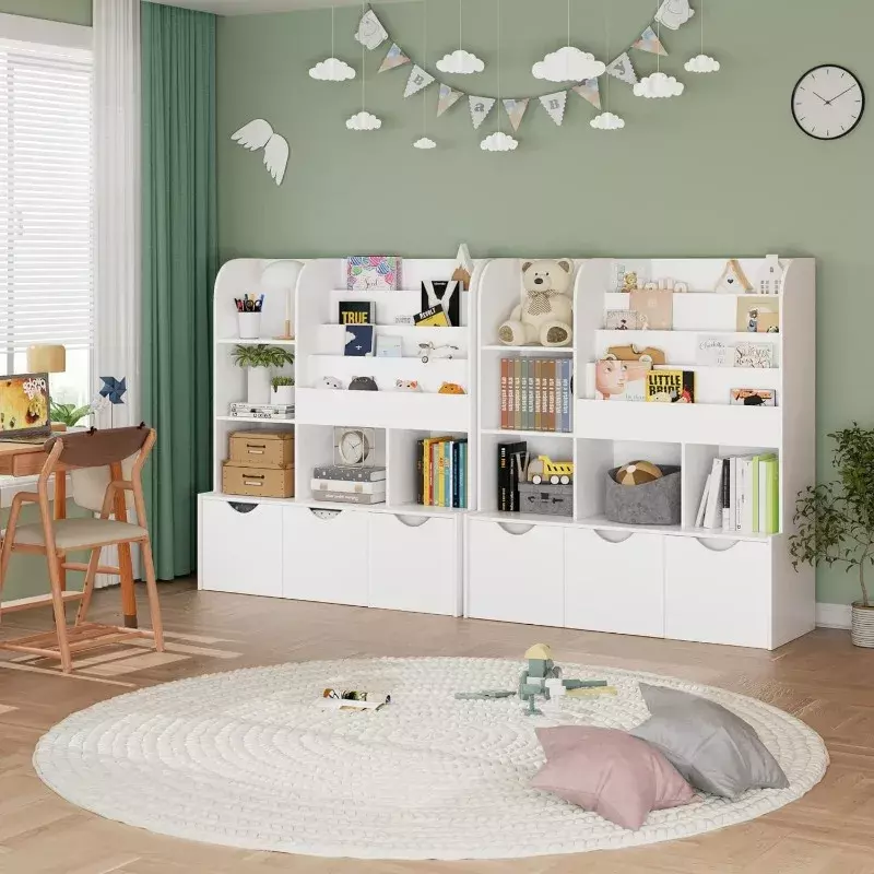 47'' Kids Bookcase and Bookshelf, Multifunctional Bookcase with 5 Storage Cubbies and 3 Movable Drawers, Bookcase Display Stand