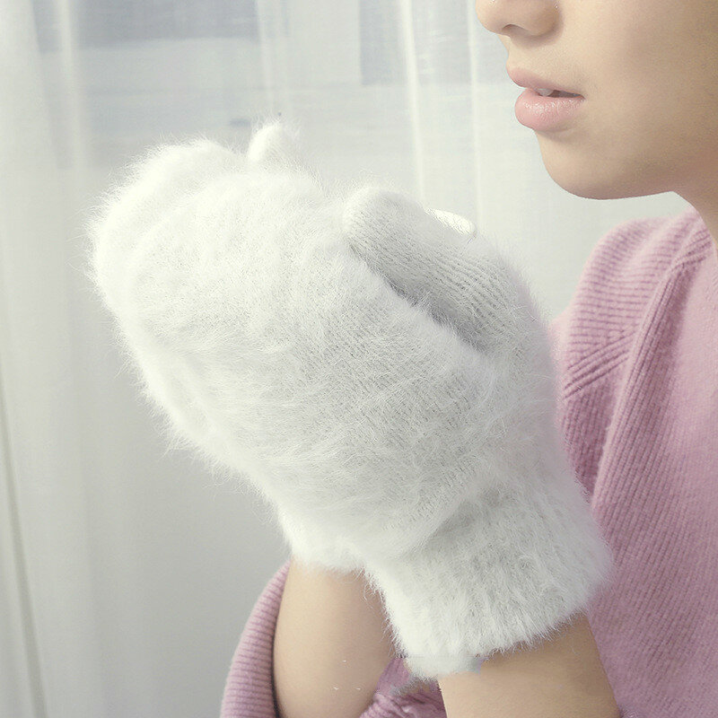 Guantes de lana de conejo para mujer y niña, manoplas de invierno, sin dedos