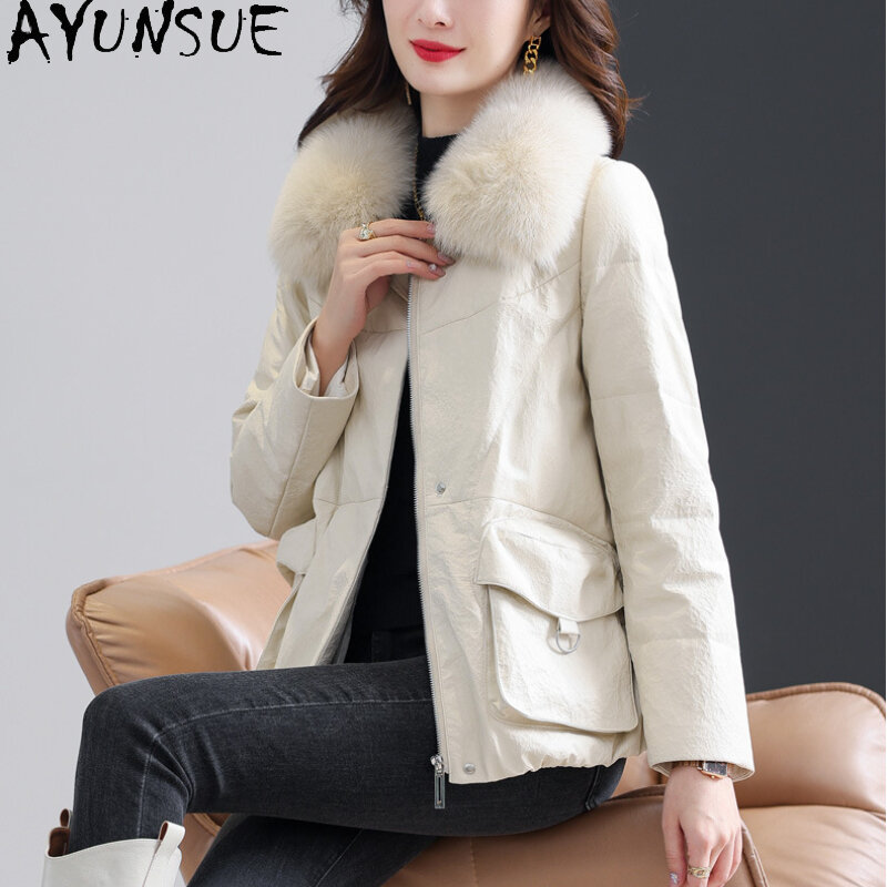 AYUNSUE-Doudoune en cuir véritable pour femme, manteau en duvet de canard blanc, col en fourrure de renard, vestes en cuir de peau de mouton véritable, haute qualité, hiver