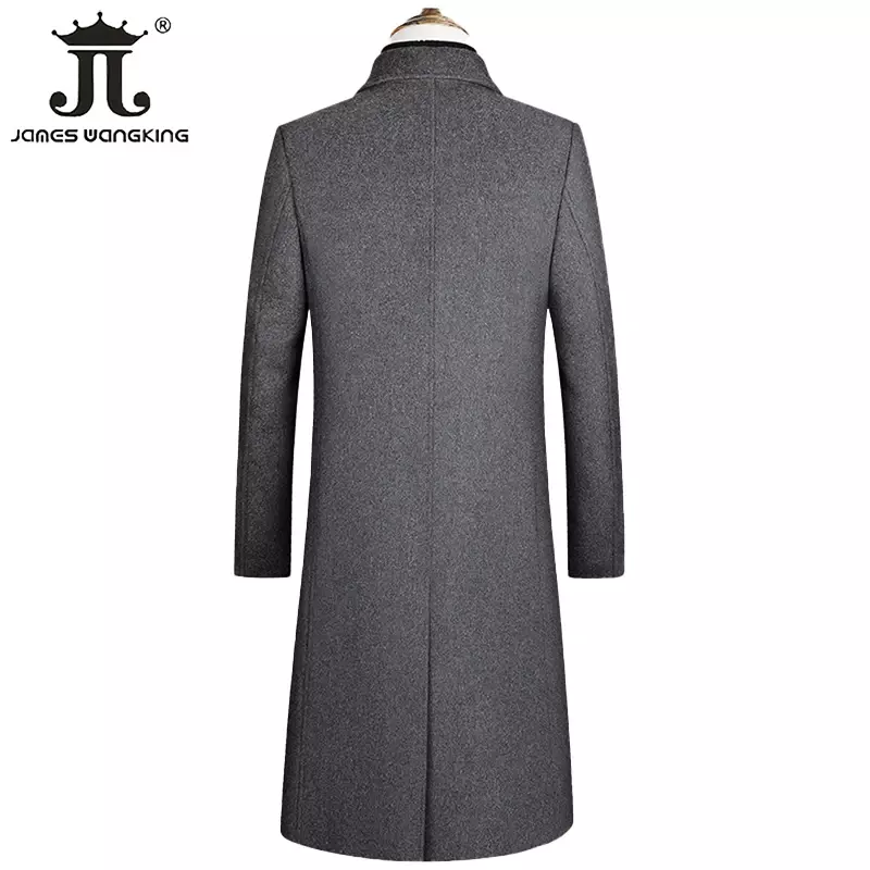 Mantel wol hitam abu-abu pria, jaket Trench wol hangat ekstra panjang warna polos klasik butik musim gugur dan musim dingin 2024