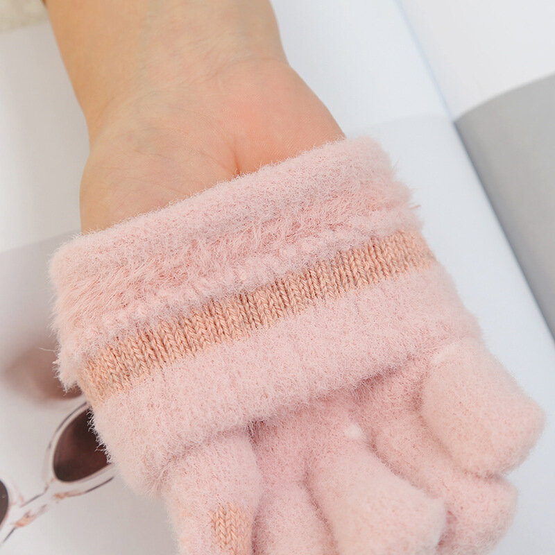 Winter Warm Soft Furry Women Girls Full Fingers Touch Screen Gloves Lovely Snowman Embroidery Five Finger Knitting Glove T06