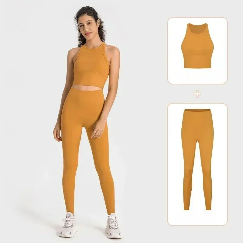 Sports Yoga Set for Women Slim Fit Shock-absorbing Comfortable Naked Yoga Exercise Vest Elastic Leggings Set for Women