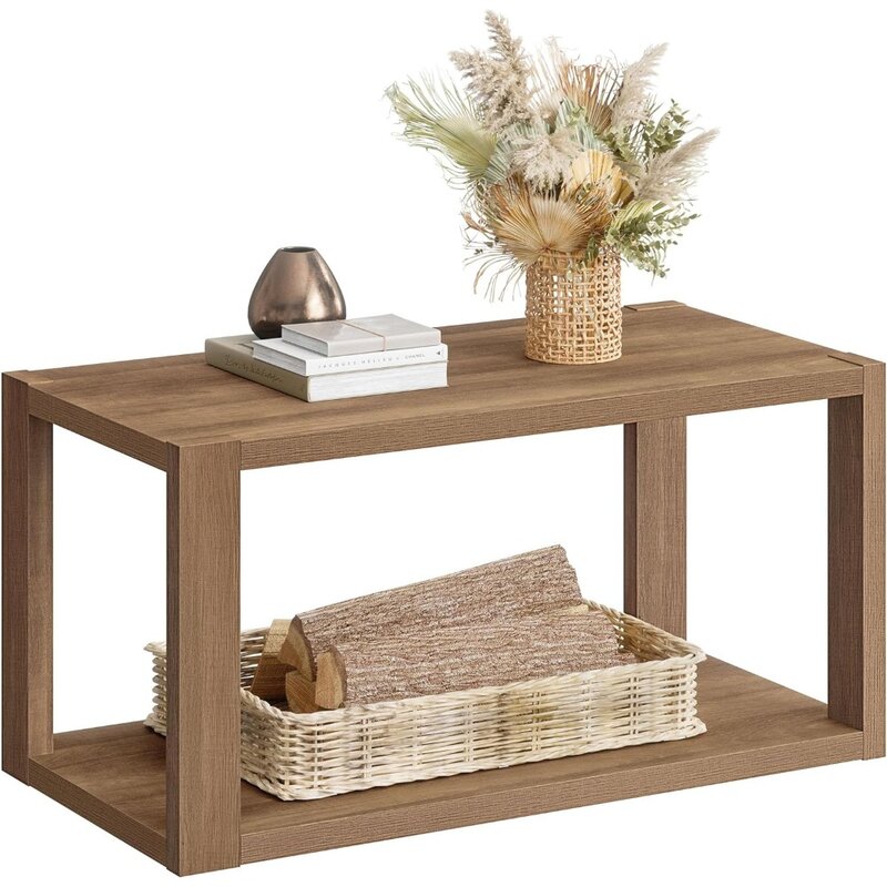 SICOTAS Farmhouse Wood Coffee Table - Boho Table with Storage Shelf, Rectangle Center Table Wood Look Accent