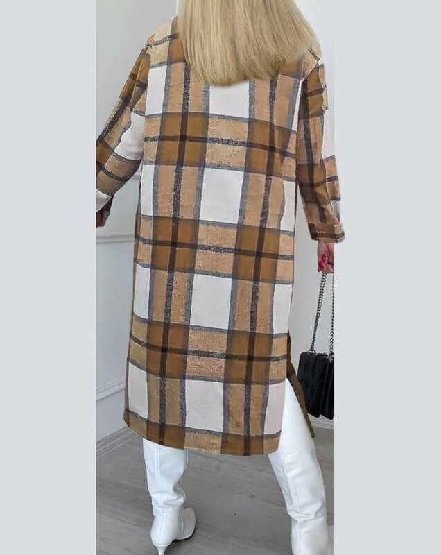 우아한 격자 무늬 프린트 버튼 롱라인 재킷 코트, 용수철 패션, 캐주얼 여성 의류 의상, 2023 가을 겨울