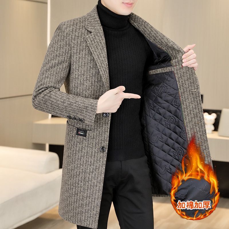 High-quality Autumn Winter Woolen Coats Men Thickened Warm Long Trench Coat Striped Casual Business Streetwear Overcoat Clothes