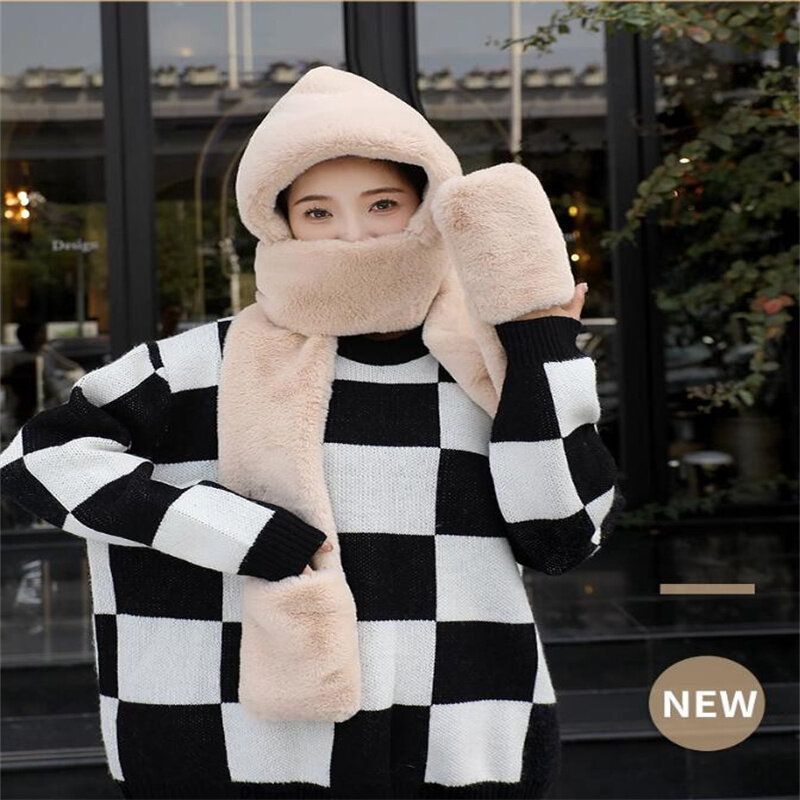 Cute Winter Hats And Gloves Scarf For Women Soft Luxury Warm 3-In-1 Set Female Cute Coldproof Fashion Outdoor Cycling Windproof