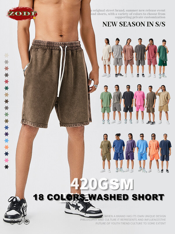 ZODF-pantalones cortos de algodón lavados para hombre, Shorts básicos de peso pesado, color sólido, estilo Retro, 420gsm, HY0855