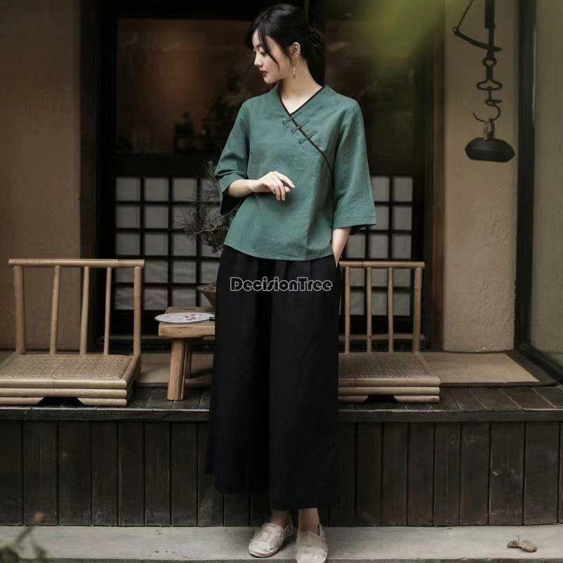 2024 chinesischer traditioneller Mantel orientalische einfarbige Baumwolle Leinen Vintage Hanfu Tops Tee Kunst orientalischen Tang Anzug Retro Top a611