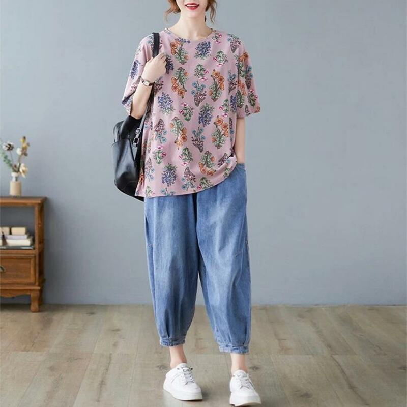 Elastic Pullover Tops Floral Printed Summer T-shirt for Women Loose Fit O-neck Short Sleeve Tee Shirt Stylish Streetwear